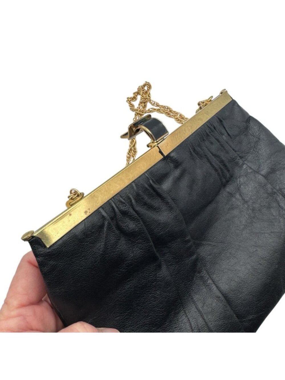 Vintage Mid Century Black Leather Frame Purse Gold Chain Strap Mad Men Style - Picture 12 of 16